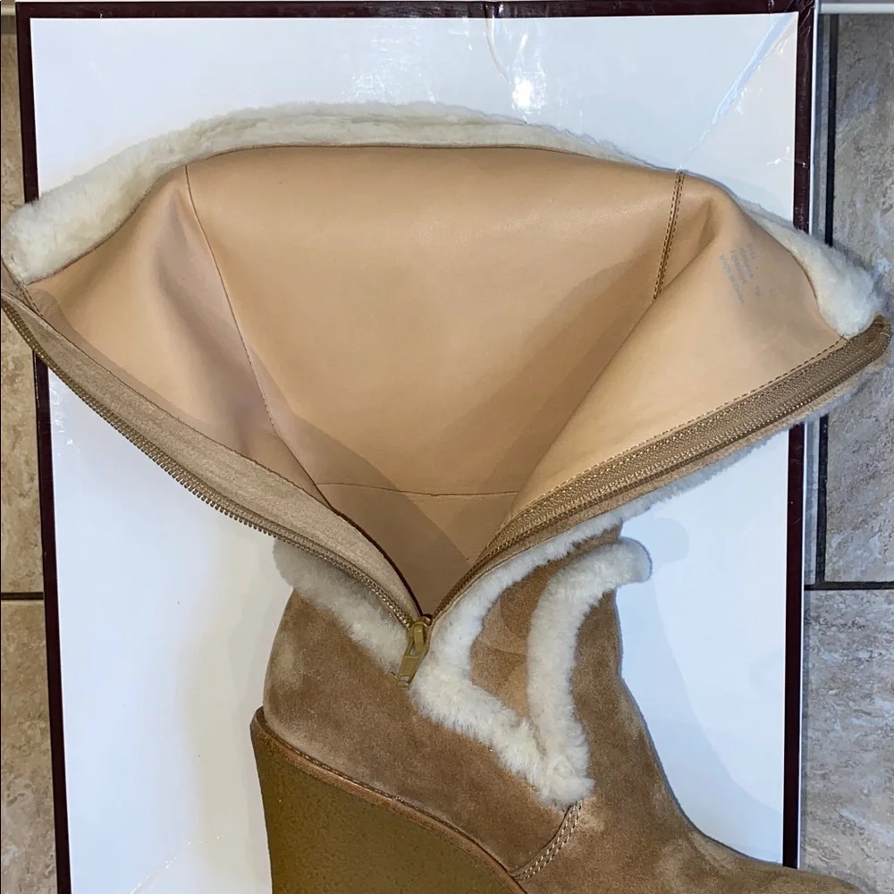 COACH Jordana Suede Shearling Trim Wedge Boots in Tan & Beige in Size 7 - Picture 11 of 15